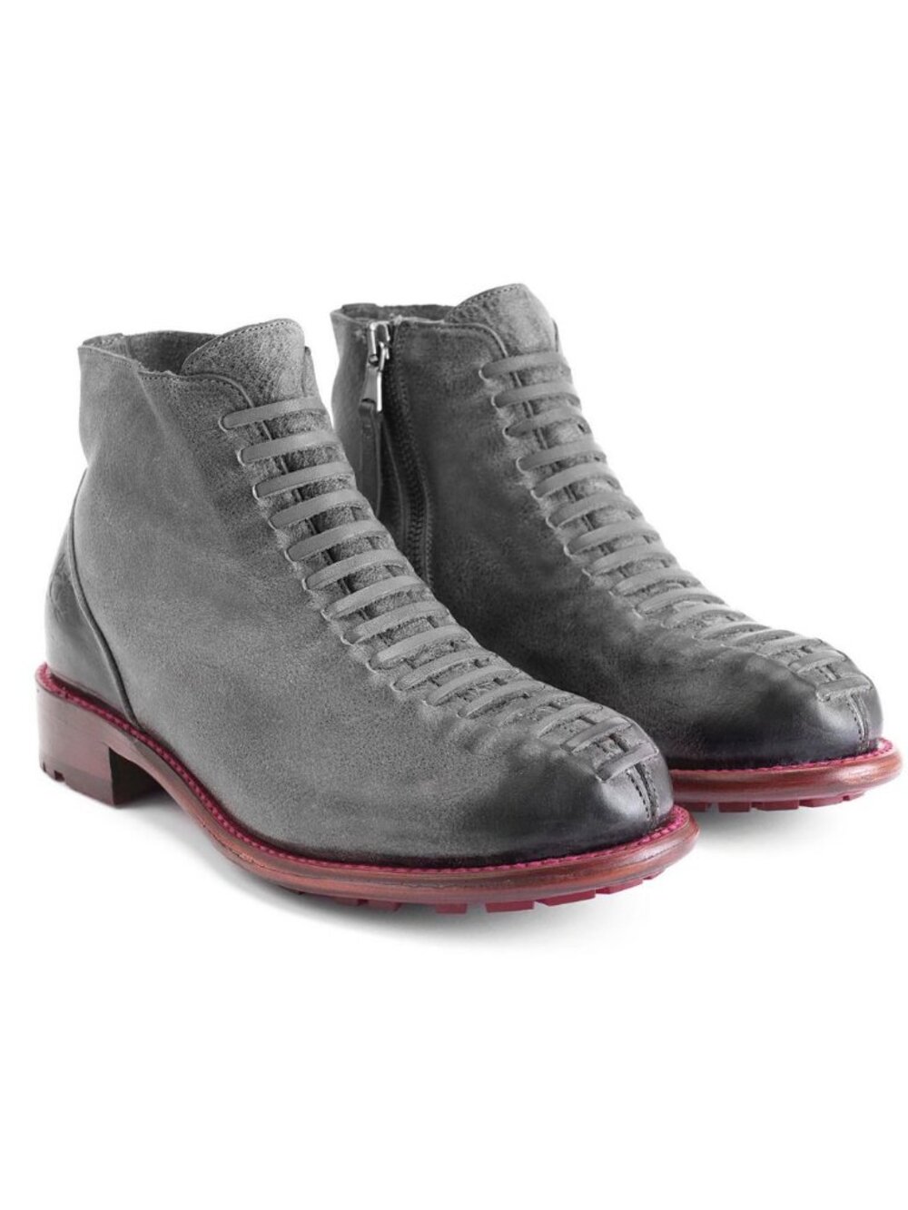 John Fluevog Babette Ankle Boot with Faux Laces Grey Red Size 6